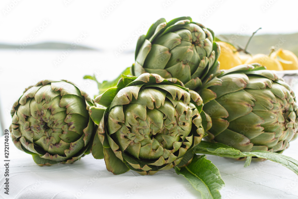 Fototapeta premium Bunch of fresh raw artichokes heads from artichoke plantation in Argolida, Greece ready to cook with lemon