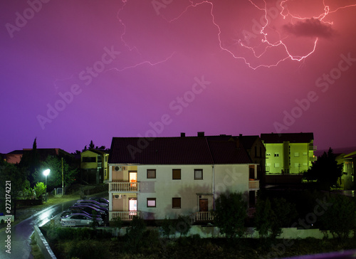 Panoramic view of Seline at night, with thunderstorm. Adriatic sea in Croatia