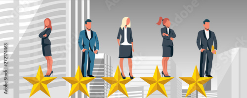 Rating on customer service illustration. Website rating feedback and review concept. Five business people standing on top of five big stars. Flat vector illustration