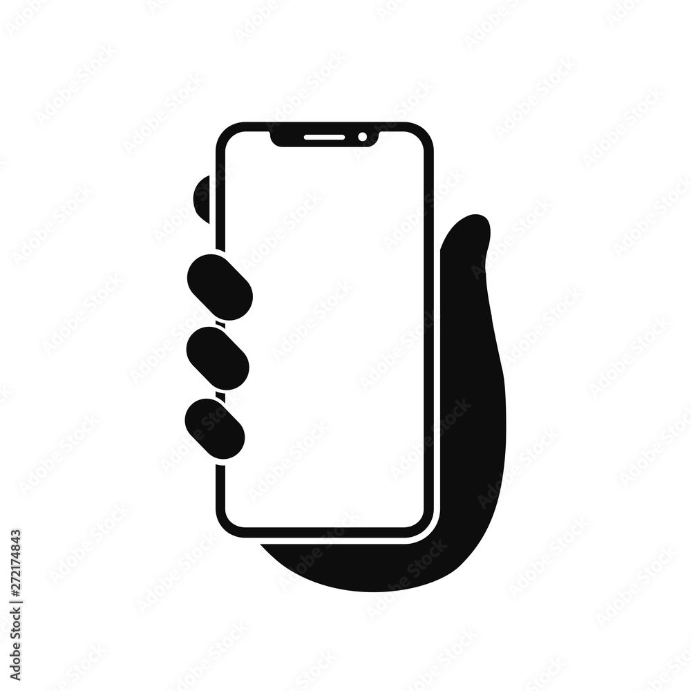 Vettoriale Stock Human hand holding smartphone icon. Phone holding flat icon  sign. Phone in hand - stock vector | Adobe Stock