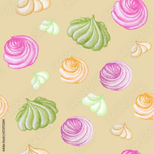 Fototapeta Naklejka Na Ścianę i Meble -  colorful Sweet delicious watercolor seamless pattern with meringue. Watercolor hand drawn illustration. Isolated elements on beige background