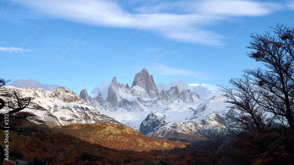 Mount Fitz Roy and autumn forest in Patagonia in Argentina.