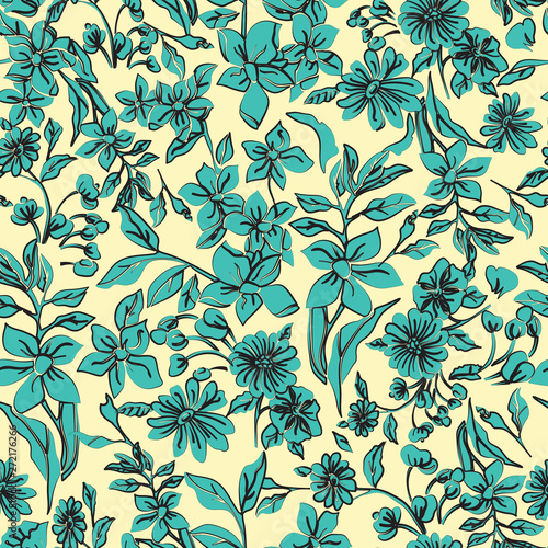 Floral seamless pattern. Vector illustration of abstract leaves  flowers  petunias  poppies and daisies in soft yellow and aqua. Designed for fashion  fabric  home decor.