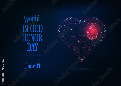 World blood donor day web banner with glowing low poly blood drop and heart symbol and text
