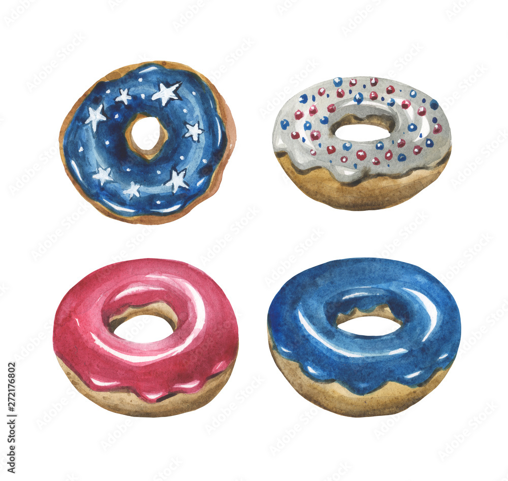 Fototapeta premium Watercolor set of four glazed donuts All in the colors of the US flag. For design compositions on the theme of national holidays