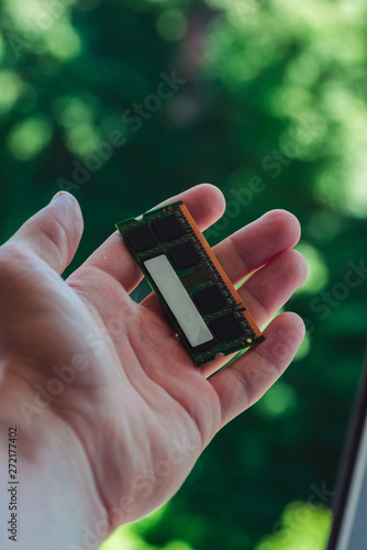 Macro photo of laptop RAM chip with space for writing
