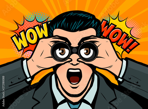 Surprised businessman looks through binoculars. Vector illustration in style comic pop art