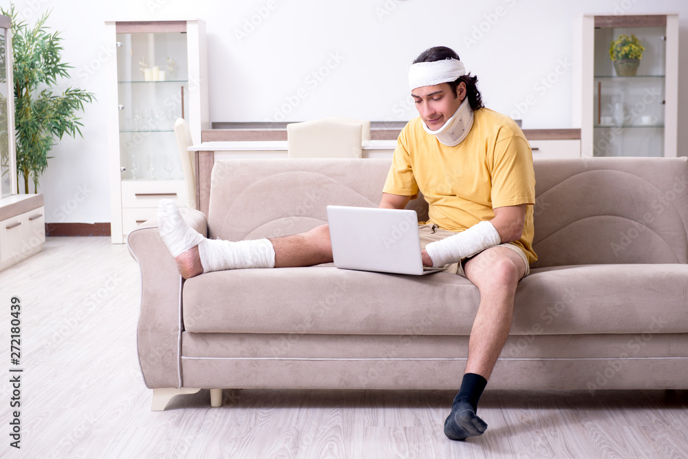 Young man after accident recovering at home Young man after accident recovering at home