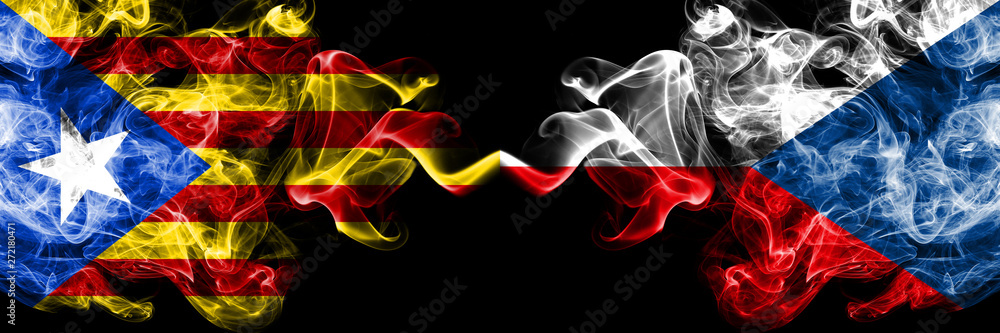 Fototapeta Catalonia vs Czech Republic smoke flags placed side by side. Thick colored silky smoke flags of Catalonia and Czech Republic