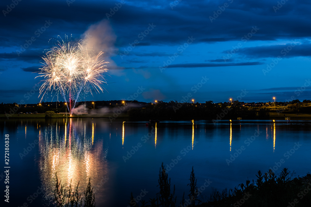Fireworks on the lake. Lights on the lake. Wakefield, United Kingdom