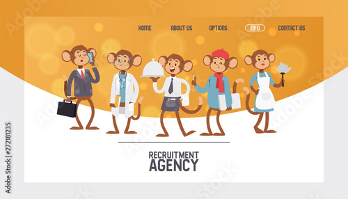Monkey like people character vector illustration. Wild cartoon animal recruiter application landing page. Professional mammal worker banner. Animal primate uniform customer agency job recruitment.