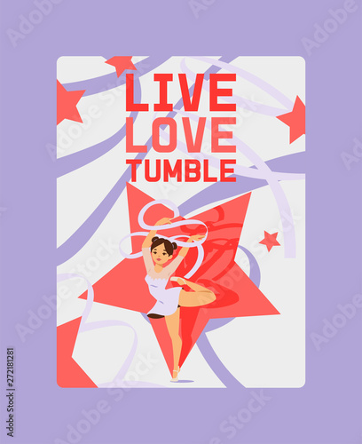 Young girl gymnast exercise sport athlete vector illustration. Training performance strength gymnastics balance people poster. Championship workout acrobat beautiful character.