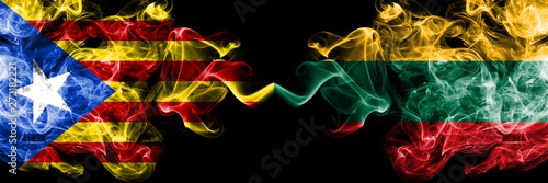 Catalonia vs Lithuania  Lithuanian smoke flags placed side by side. Thick colored silky smoke flags of Catalonia and Lithuania  Lithuanian