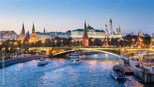 Panorama of Moscow Kremlin at Moskva river, Russia. Beautiful night view of city in evening.