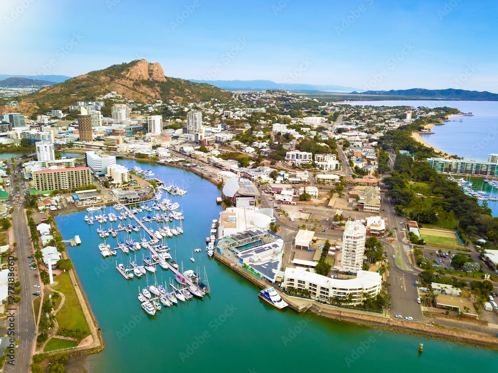 Townsville harbor view on the Yacht Club Marina, The Strand and Castle Hill