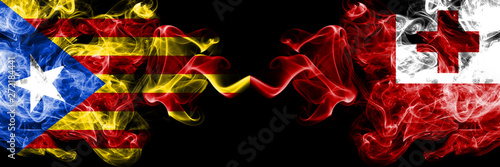 Catalonia vs Tonga  Tongan smoke flags placed side by side. Thick colored silky smoke flags of Catalonia and Tonga  Tongan