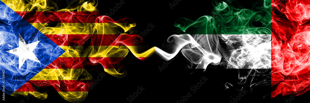 Fototapeta Catalonia vs United Arab Emirates, Emirati smoke flags placed side by side. Thick colored silky smoke flags of Catalonia and United Arab Emirates, Emirati