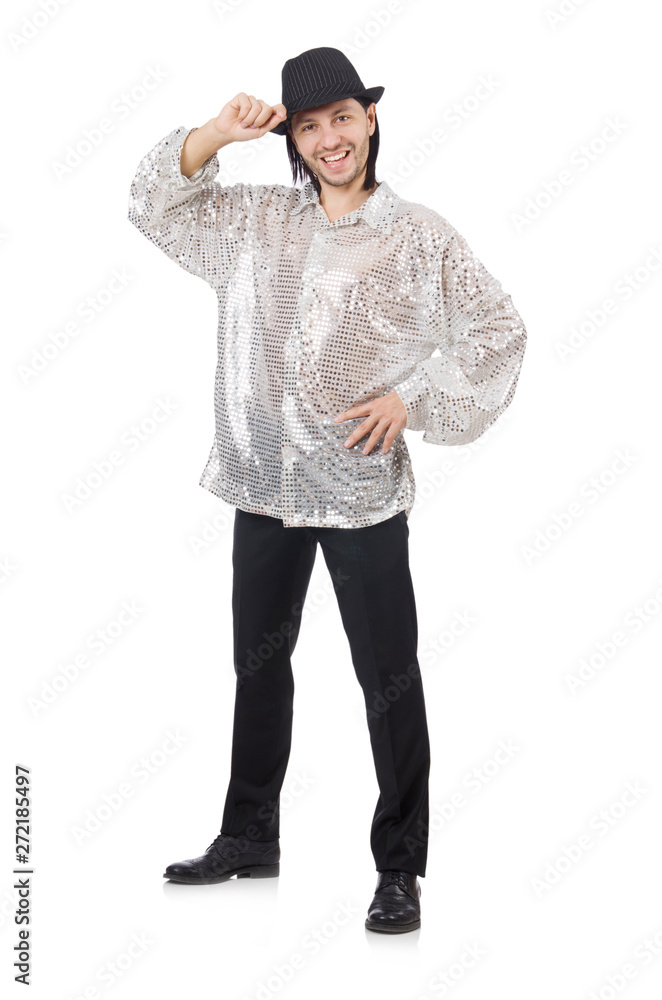 Performer in shiny costume isolated on white Performer in shiny costume isolated on white