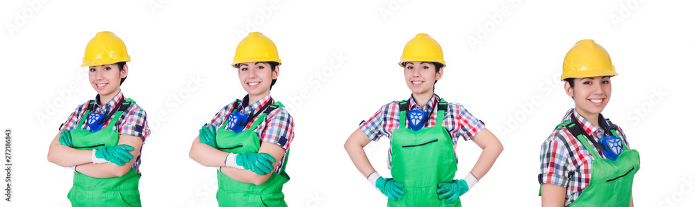 Young woman in green coveralls Young woman in green coveralls