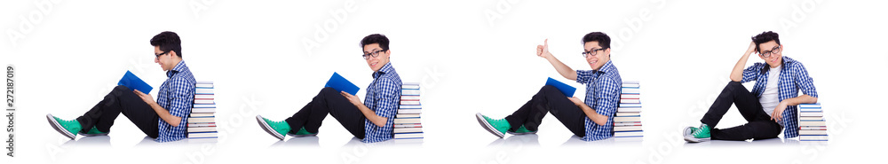Student with lots of books on white Student with lots of books on white