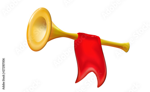 3d Fanfare gold trumpet. Realistic icon with red flag isolated glossy wind musical instrument sign, decoration for holiday on light background. Bright toy plastic. Childish design vector illustration