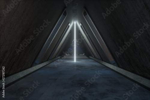 Fantasy concrete tunnel building with glowing neon light. 3d rendering.