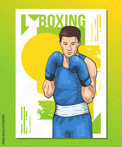Boxing sport poster. Sportsman standing on abstract background. Vector illustration of man with boxing gloves, ready to fight