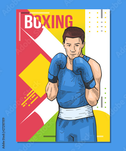 Boxing sport poster. Sportsman standing on abstract background. Vector illustration of man with boxing gloves, ready to fight