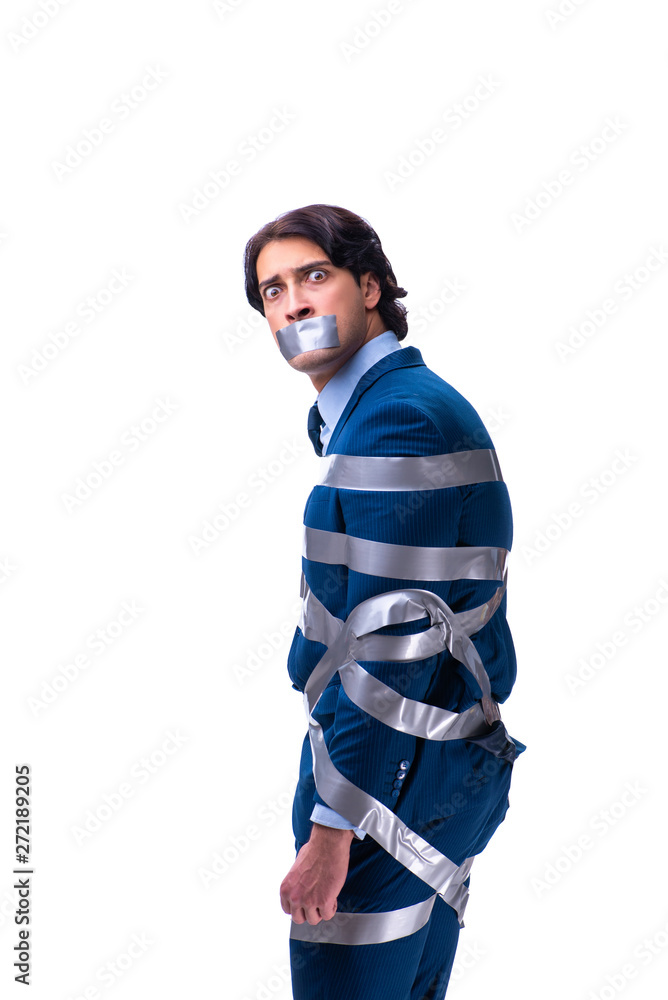 Tied employee with tape on mouth isolated on white Tied employee with tape on mouth isolated on white