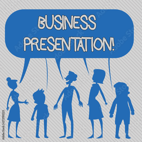 Text sign showing Business Presentation. Business photo showcasing Demonstration or to present a new idea or product Silhouette Figure of People Talking and Sharing One Colorful Speech Bubble