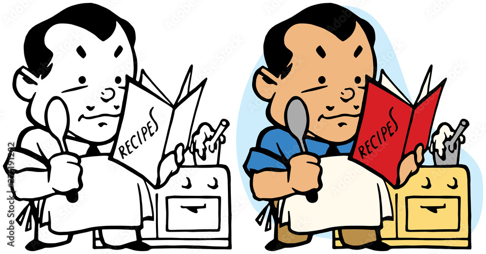 A man with an apron and a book of recipes cooks a meal on a stove. A man with an apron and a book of recipes cooks a meal on a stove.