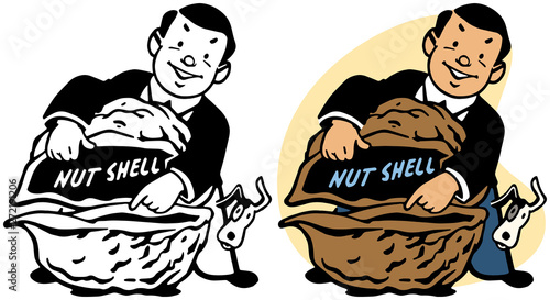 A man illustrates the phrase in a nut shell with a literal giant walnut shell. 