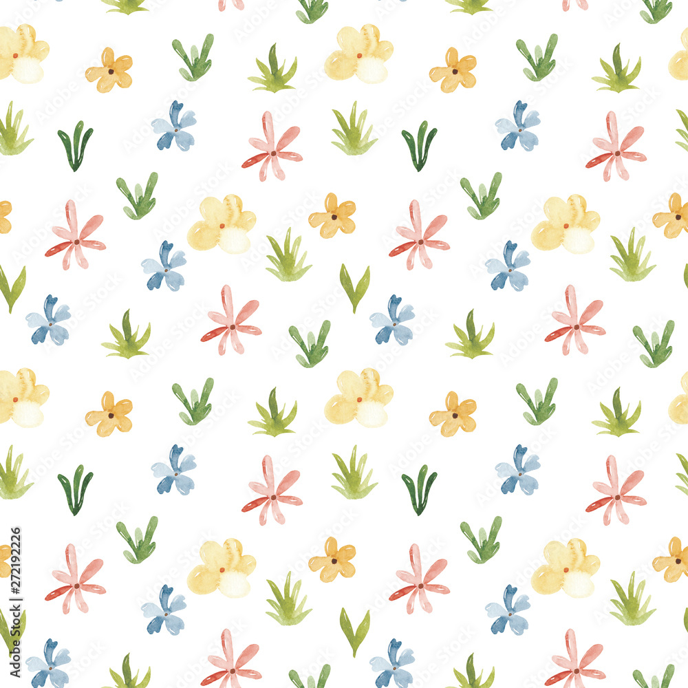 Watercolor seamless pattern with meadow flowers. Great for cards, birthday, wallpaper, scrapbooking, packaging, fabrics, prints.