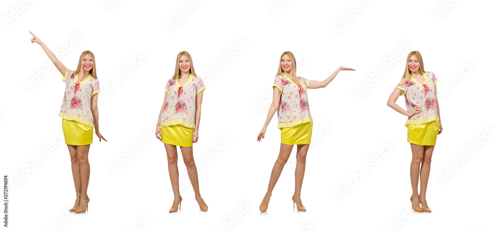 Woman pressing virtual button isolated on white Woman pressing virtual button isolated on white