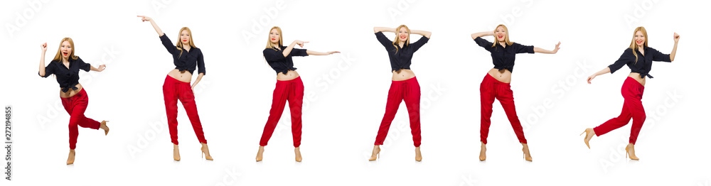 Woman in red pants isolated on white