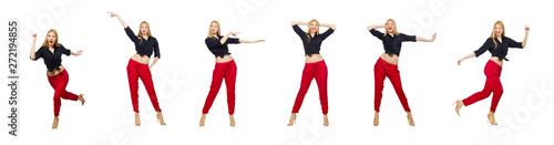 Woman in red pants isolated on white