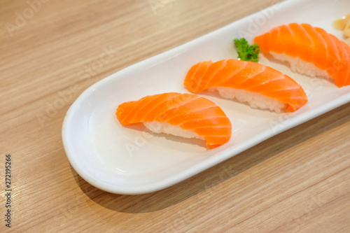 Salmon sushi japanese food. Raw Salmon fish on rice