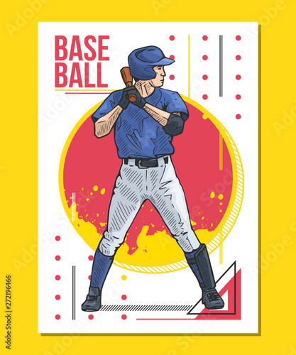 Baseball poster, placard. Vector illustration of a baseball player with bat, ready to hit. Beautiful sport themed poster. Abstract background, summer sports, team game