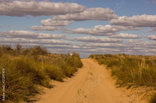 The extraordinary landscape of the steppes of Kalmykia.Steppe,sandy road,going into the distance.Over the boundless steppe float bizarre Cumulus clouds.