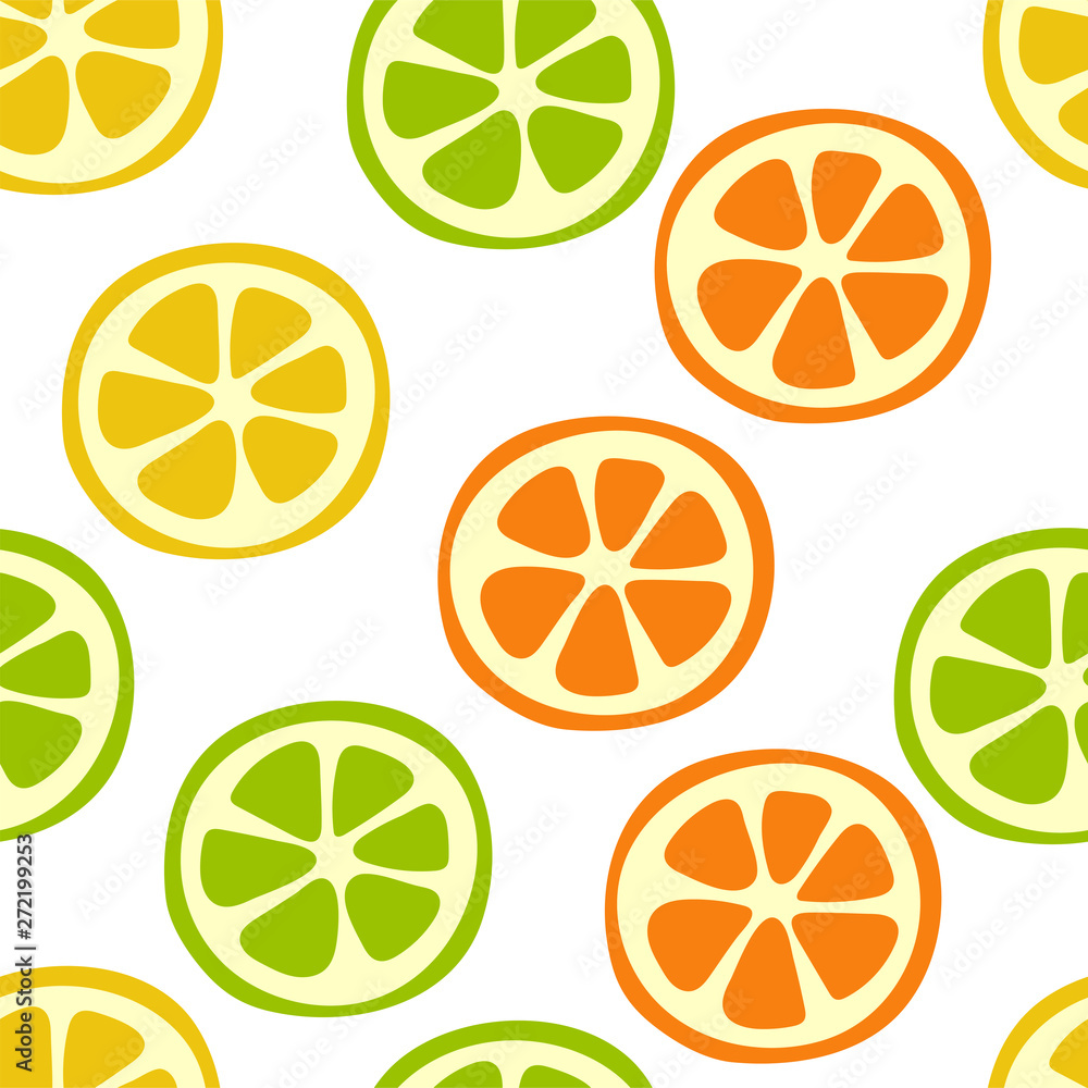 Citrus slice seamless pattern. Lemon, lime, orange and mandarin. Sweet exotic tropical fruits. Fashion design. Food print for dress, textile, curtain or linens. Vector sketch background. Vegan menu