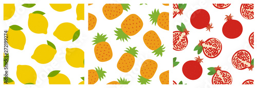 Lemon, pineapple and garnet. Fruit seamless pattern set. Fashion design. Food print for clothes, linens or curtain. Hand drawn vector sketch. Exotic background collection