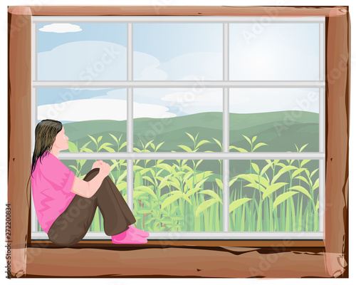 one woman sit at the window vector design