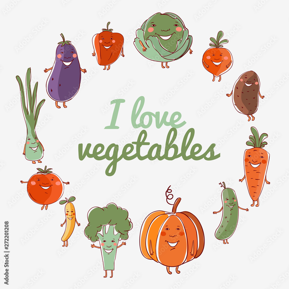 Lovely vegetables vector set with white background. Onion, eggplant, beet, potato, broccoli, cabbage, bell pepper, carrot, tomato, cucumber, pumpkin and pea in funny cartoon style 