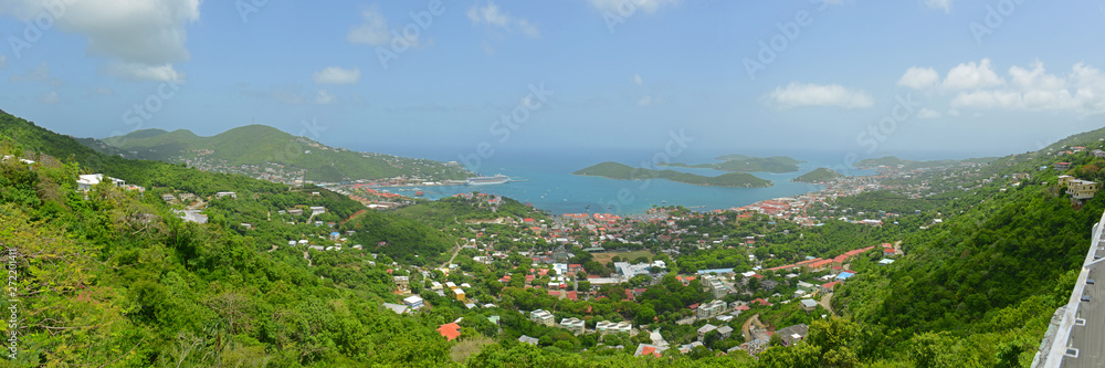 Town of Charlotte Amalie and Long Bay aerial view panorama at Saint Thomas Island, US Virgin Islands, USA. 