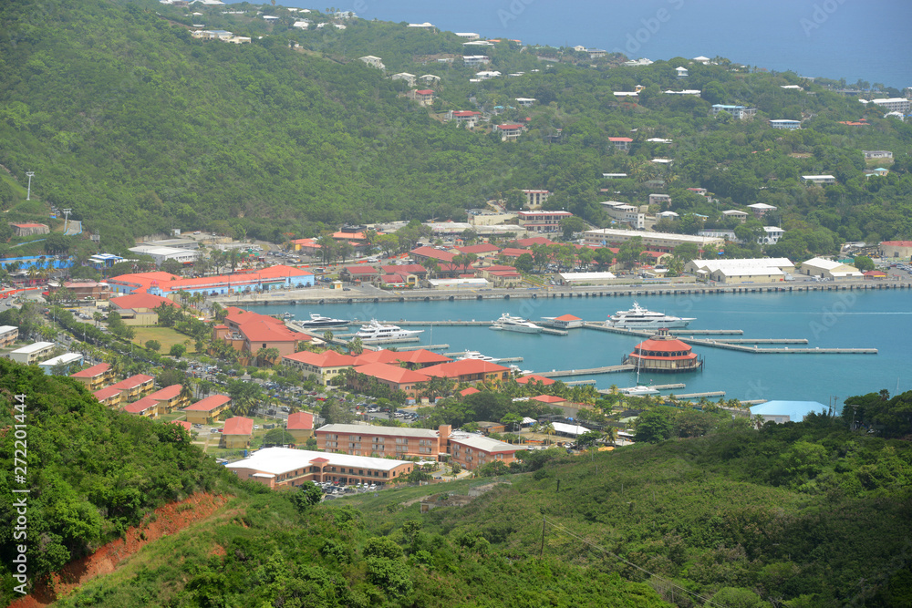 Aerial view of Havensight Shopping Mall and Long Bay on June 2, 2014 in Charlotte Amalie, Saint Thomas, US Virgin Islands.