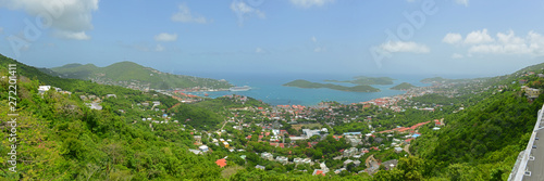 Town of Charlotte Amalie and Long Bay aerial view panorama at Saint Thomas Island  US Virgin Islands  USA. 