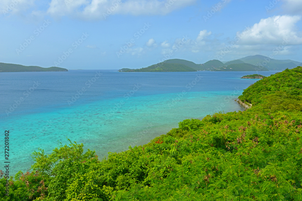 Aerial view of British Virgin Islands and Leinster Bay, from Virgin Island National Park in US Virgin Islands, USA.