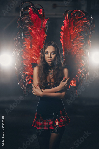 Delicate beautiful brunette woman posing with  red dark angel wings. Studio shot.. © Detkov D