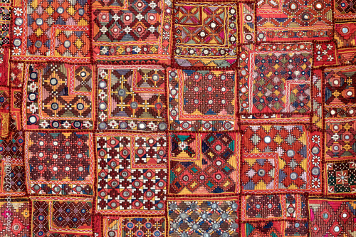 Detail old patchwork carpet  India. Close up