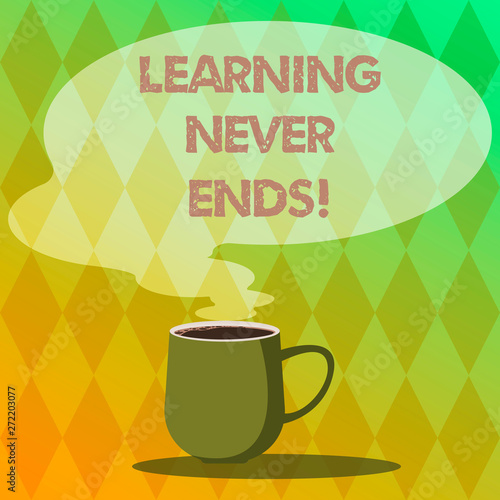 Handwriting text writing Learning Never Ends. Concept meaning knowledge have no end or interminable it last Forever Mug photo Cup of Hot Coffee with Blank Color Speech Bubble as Steam icon